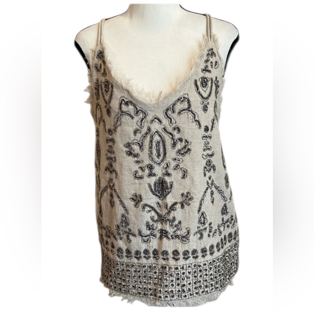 Boston Proper Linen Cotton Lurex Sequin Fringe Tank Small Festival Boho